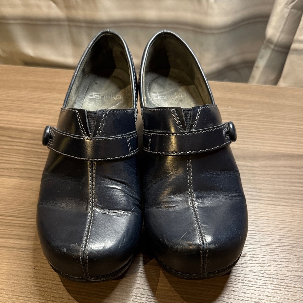 Dansko Dark Blue Leather Mules with Strap